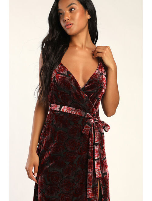 Lulus Pretty Companion Mauve and Red Floral Velvet Burnout Maxi Dress