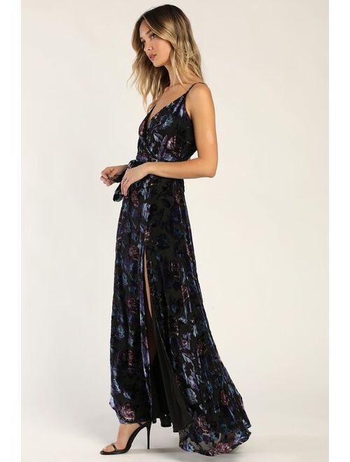 Lulus Pretty Companion Mauve and Red Floral Velvet Burnout Maxi Dress