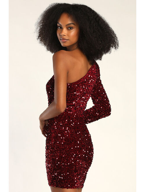 Lulus Sparkling Mood Burgundy Sequin One-Shoulder Mini Bodycon Dress