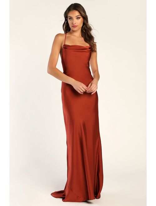 Lulus Connected At Heart Wine Satin Cowl Neck Lace-Up Maxi Dress