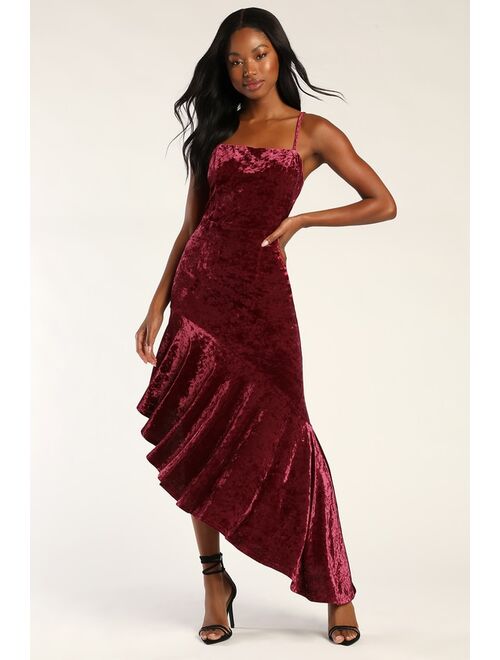 Lulus Crush On Me Wine Red Crushed Velvet Asymmetrical Maxi Dress