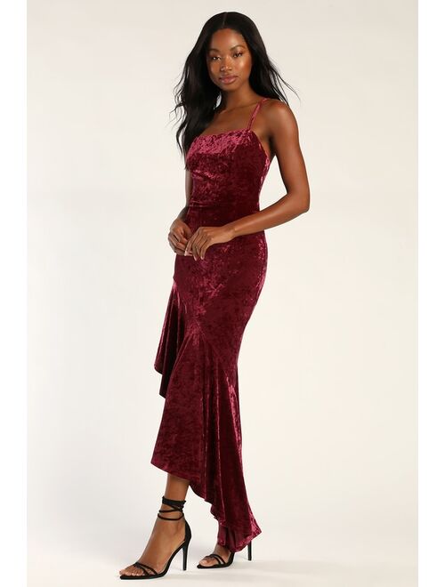 Lulus Crush On Me Wine Red Crushed Velvet Asymmetrical Maxi Dress