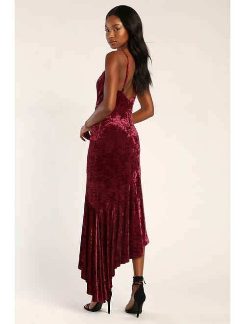 Lulus Crush On Me Wine Red Crushed Velvet Asymmetrical Maxi Dress