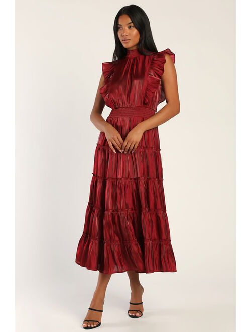 Lulus Take a Glance Burgundy Tiered Mock Neck Midi Dress