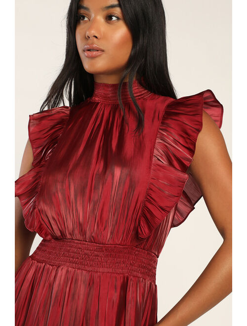 Lulus Take a Glance Burgundy Tiered Mock Neck Midi Dress