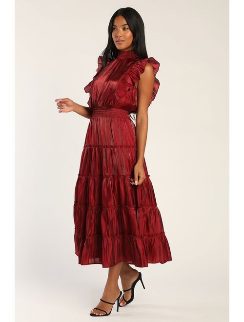 Lulus Take a Glance Burgundy Tiered Mock Neck Midi Dress