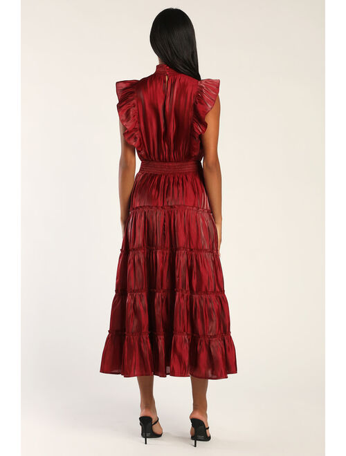 Lulus Take a Glance Burgundy Tiered Mock Neck Midi Dress