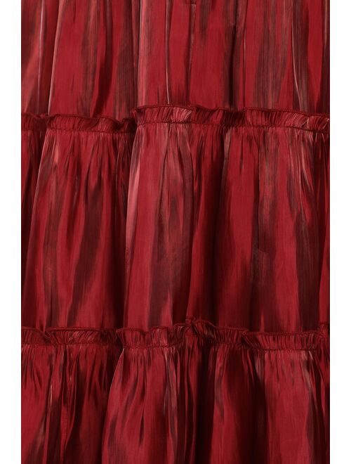 Lulus Take a Glance Burgundy Tiered Mock Neck Midi Dress