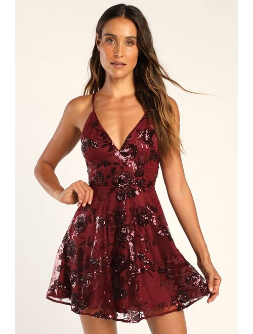 Lulus Shine Language Burgundy Floral Sequin Mini Dress