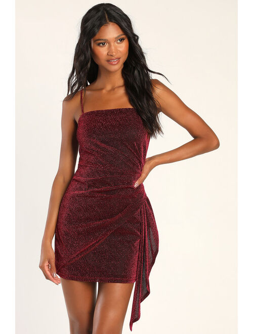 Lulus Magnetic Vibe Shiny Berry Red Gathered Bodycon Mini Dress