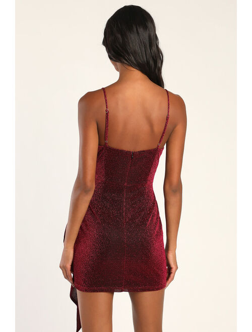 Lulus Magnetic Vibe Shiny Berry Red Gathered Bodycon Mini Dress