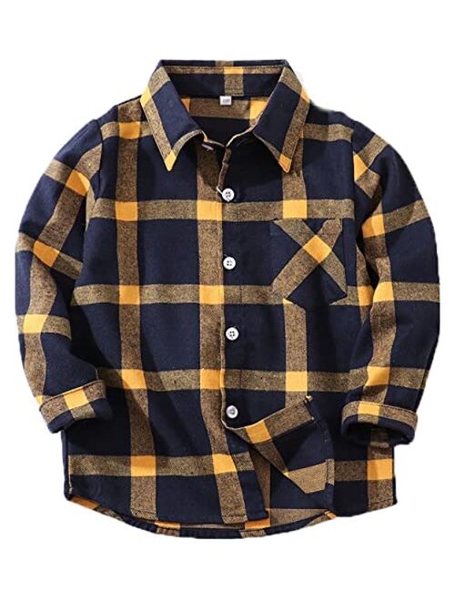 Hstisan Toddler Boy's Button Down Woven Shirt Cotton Plaid Long Sleeve Tees T-Shirt Lapel Tops Casual Clothes 1-11Years