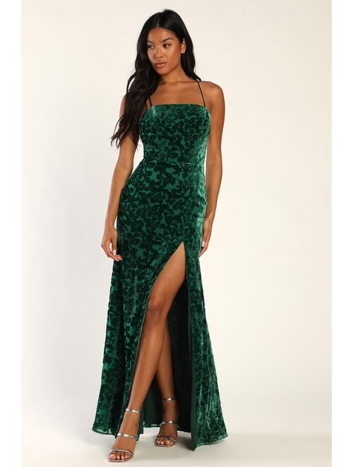 Lulus Leave You Wishing Emerald Green Burnout Velvet Lace-Up Dress