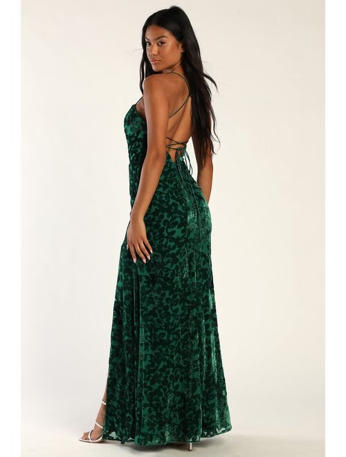 Lulus Leave You Wishing Emerald Green Burnout Velvet Lace-Up Dress