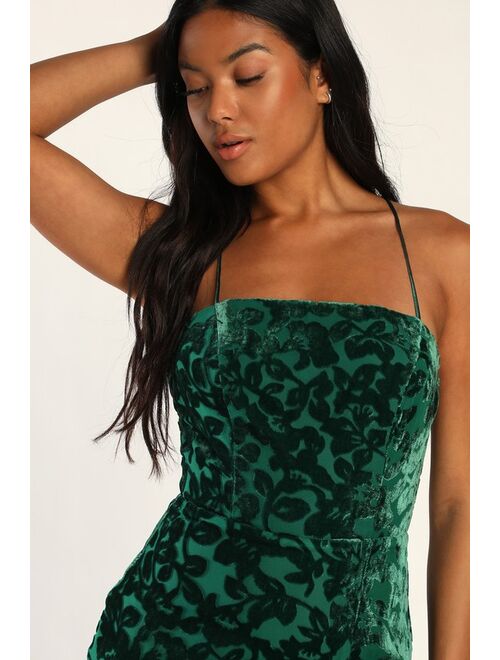 Lulus Leave You Wishing Emerald Green Burnout Velvet Lace-Up Dress