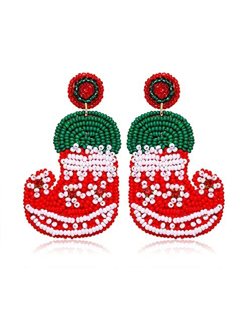 Jertocle Christmas Earrings for Women Christmas Bead Dangle Earrings Bohemia Handmade Colorful Seed Beaded Drop Earrings Christmas Gifts for Women Girls