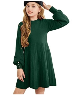 Girls Sweater Dress Knit Crew Neck Lantern Sleeve Solid Twirl Dresses