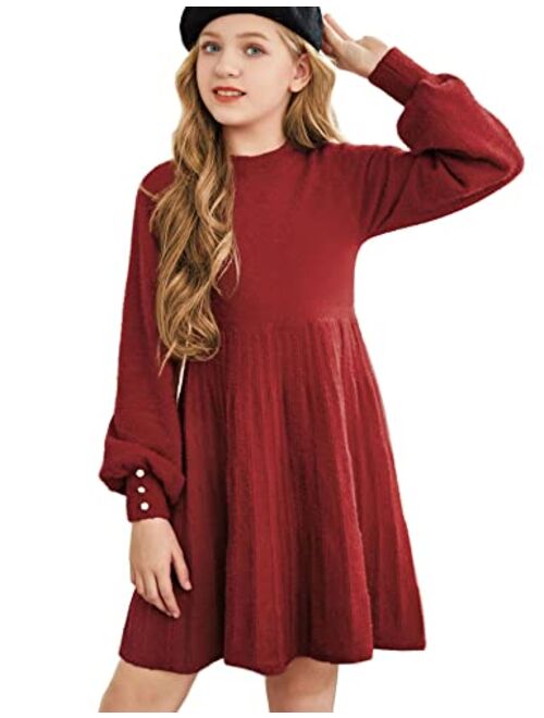 Arshiner Girls Sweater Dress Knit Crew Neck Lantern Sleeve Solid Twirl Dresses