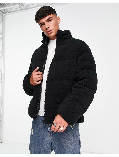 ASOS DESIGN borg puffer jacket with removable hood in black