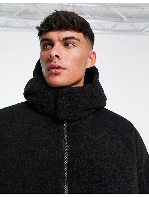 ASOS DESIGN borg puffer jacket with removable hood in black