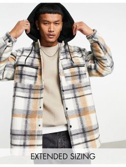 oversized shacket in ecru check with hood