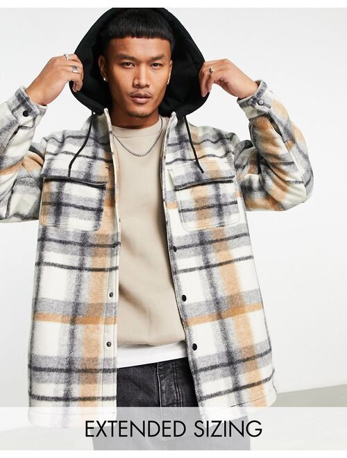 ASOS DESIGN oversized shacket in ecru check with hood