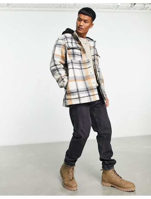 ASOS DESIGN oversized shacket in ecru check with hood