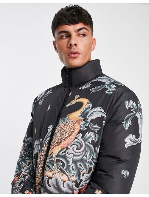 ASOS DESIGN puffer with renaissance placement print in black