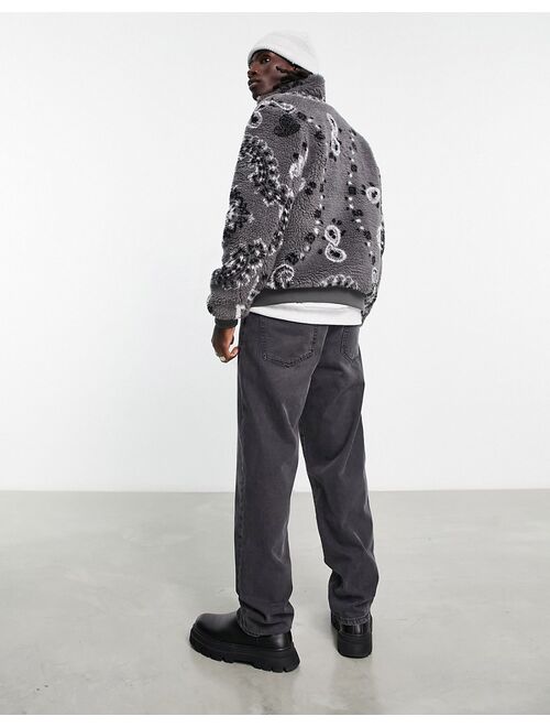 ASOS DESIGN paisley print borg sherpa bomber jacket in gray