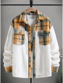 Men Plaid Flap Pocket Drop Shoulder Teddy Coat