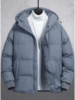 Men 1pc Drawstring Hooded Zipper Puffer Coat Without Sweater