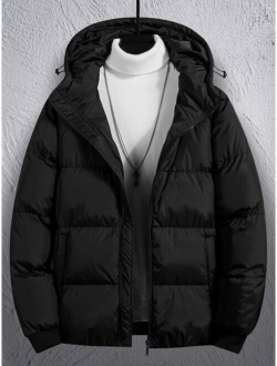 Men 1pc Drawstring Hooded Zipper Puffer Coat Without Sweater