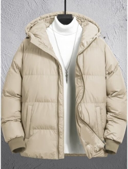 Men 1pc Drawstring Hooded Zipper Puffer Coat Without Sweater