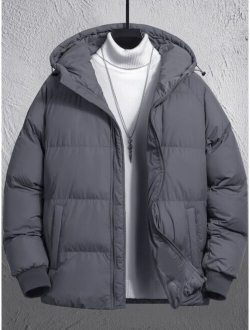 Men 1pc Drawstring Hooded Zipper Puffer Coat Without Sweater