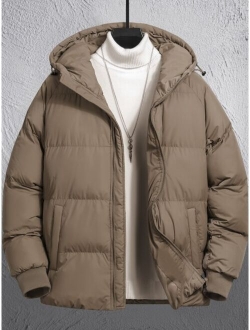 Men 1pc Drawstring Hooded Zipper Puffer Coat Without Sweater