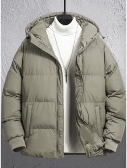 Men 1pc Drawstring Hooded Zipper Puffer Coat Without Sweater