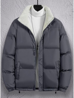 Men 1pc Drawstring Hem Thermal Lined Puffer Coat