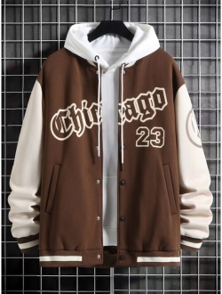 Men Letter Graphic Two Tone Varsity Jacket Without Hoodie