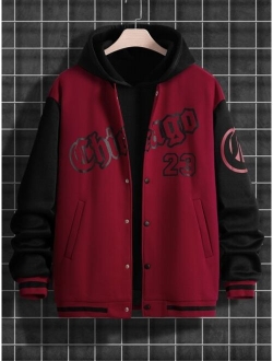 Men Letter Graphic Two Tone Varsity Jacket Without Hoodie