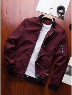 Men Solid Zip Up Bomber Jacket