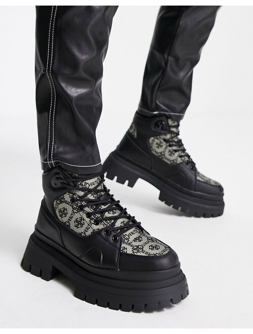 ASOS DESIGN chunky sole lace up boot in monogram print