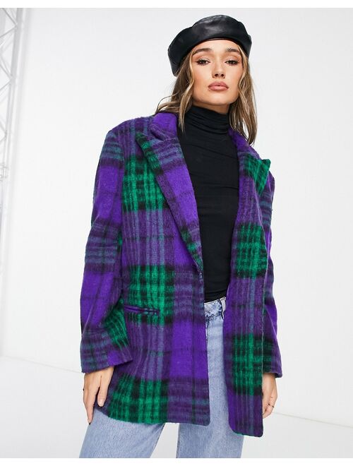 ASOS DESIGN smart grandad wool mix jacket in purple check