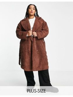 Plus midi corduroy coat with tie wrap waist in chocolate