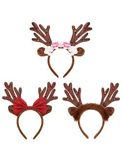 Lurrose Christmas Antler Headband Reindeer Antlers Headband Deer Antler Headband Glitter Reindeer Hair Hoop for Xmas Holiday Party Supplies, 3 PCS