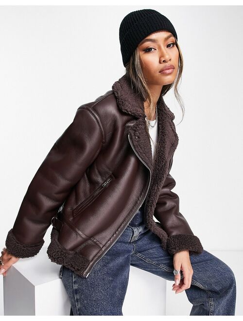 Buy Bershka zip detail aviator jacket in chocolate brown online ...