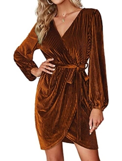 Women's Long Sleeve Wrap Semi Formal Velvet Mini Dress Sexy Cocktail Party Winter Club Dress