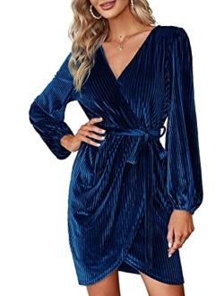 Women's Long Sleeve Wrap Semi Formal Velvet Mini Dress Sexy Cocktail Party Winter Club Dress