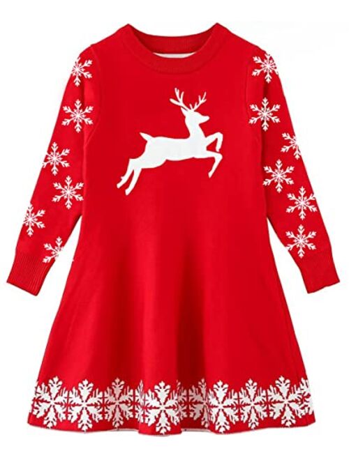 ALLIFly Girls Christmas Dress Xmas Long Sleeve Sweater Dresses Winter Knit Dresses Xmas Gifts 2-11 Years