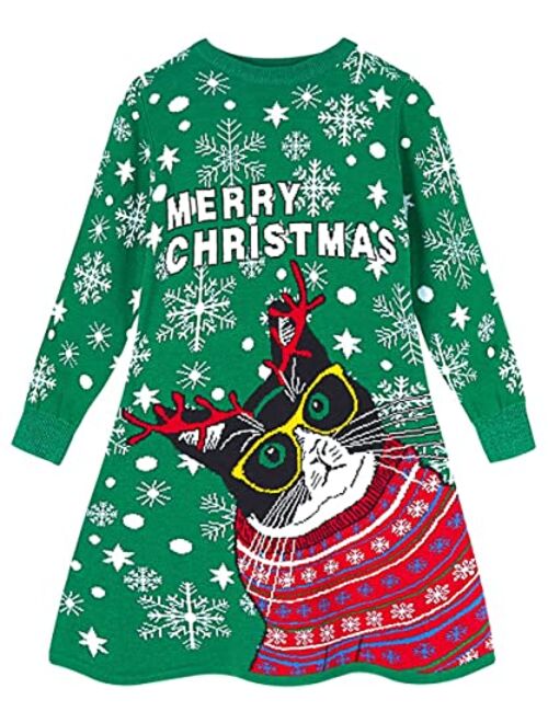 ALLIFly Girls Christmas Dress Xmas Long Sleeve Sweater Dresses Winter Knit Dresses Xmas Gifts 2-11 Years