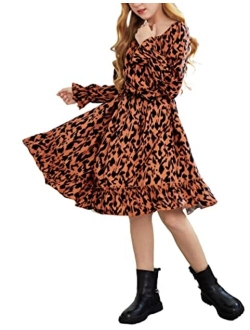 Girls Long Sleeve Dress Holiday Party Casual Ruffle Flowy Swing Midi Dresses 5-14 Years